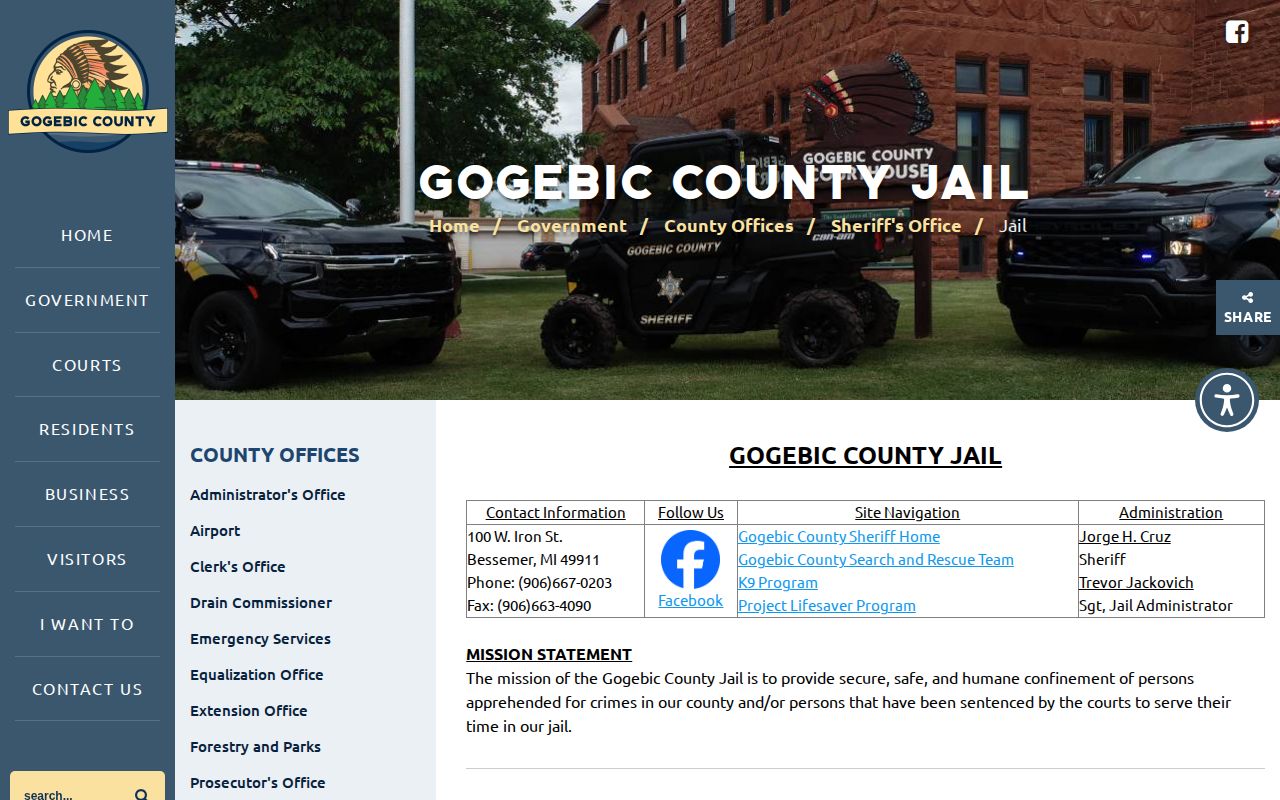 Official Gogebic County Jail page with county facility and sheriff information